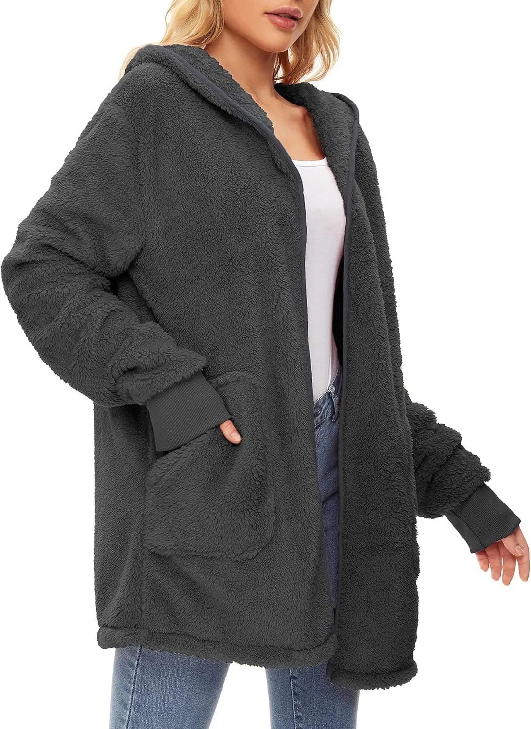Zando Womens Fuzzy Hoodies for Women Open Front Fleece Hoodie Women Oversized Sweatshirts Loose Cute Hooded Pullover