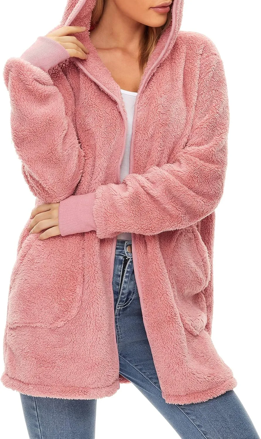 Zando Womens Fuzzy Hoodies for Women Open Front Fleece Hoodie Women Oversized Sweatshirts Loose Cute Hooded Pullover
