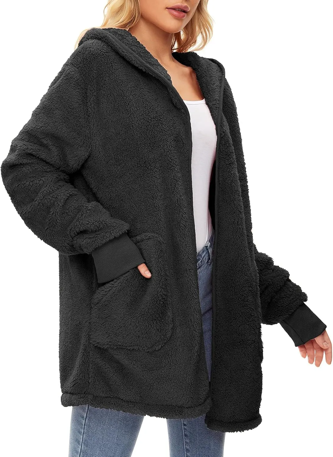Zando Womens Fuzzy Hoodies for Women Open Front Fleece Hoodie Women Oversized Sweatshirts Loose Cute Hooded Pullover