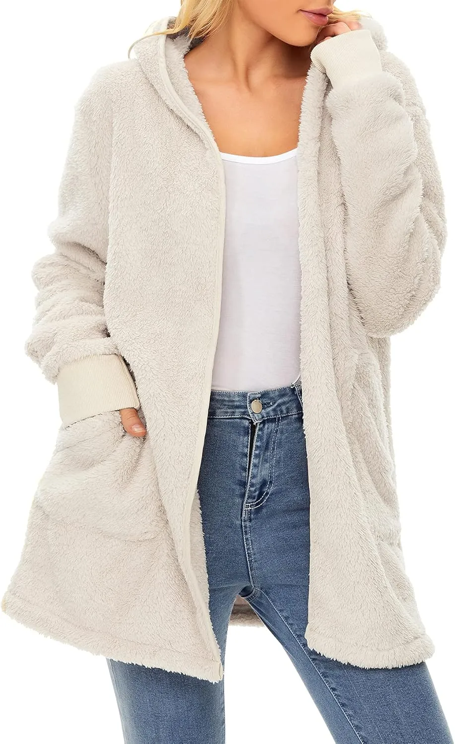 Zando Womens Fuzzy Hoodies for Women Open Front Fleece Hoodie Women Oversized Sweatshirts Loose Cute Hooded Pullover