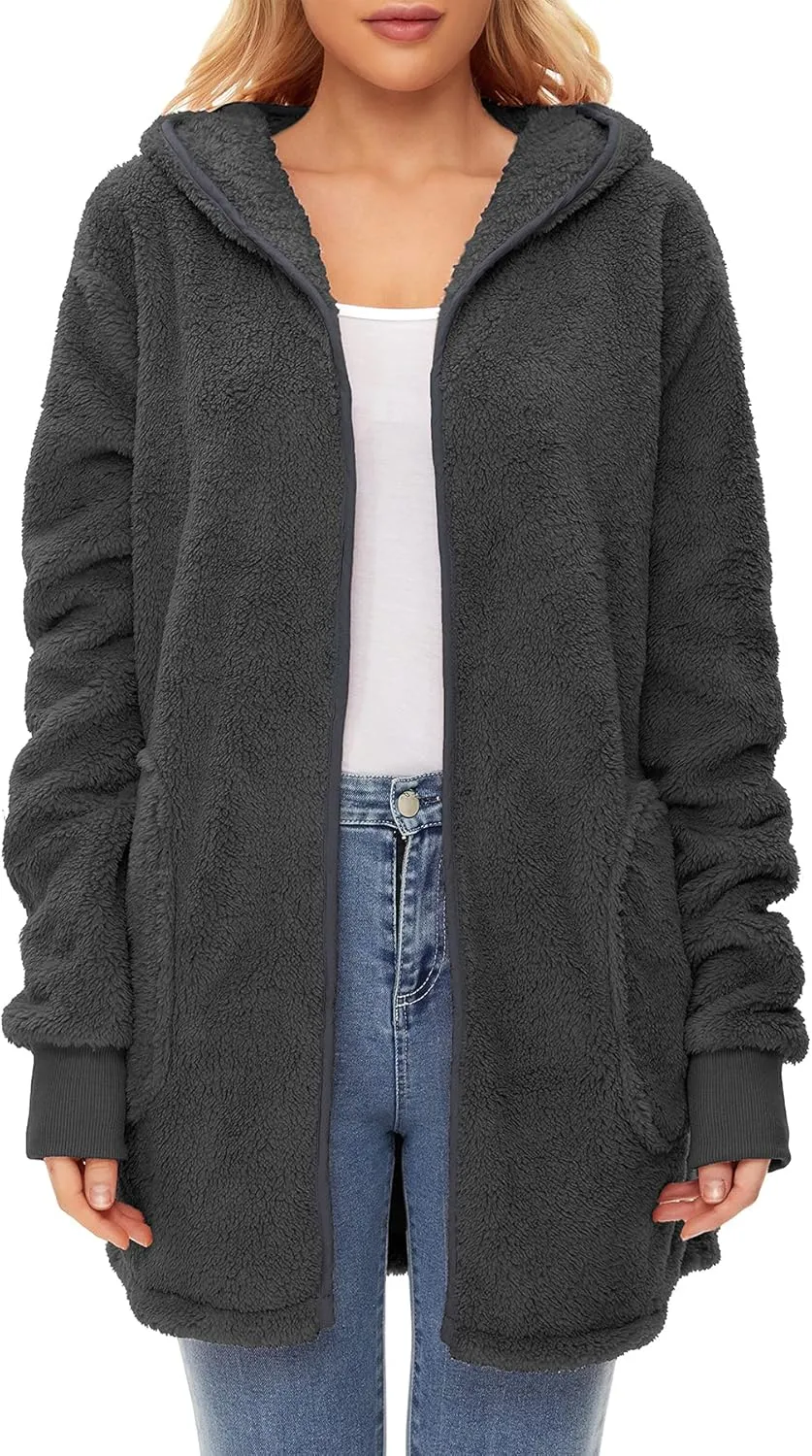 Zando Womens Fuzzy Hoodies for Women Open Front Fleece Hoodie Women Oversized Sweatshirts Loose Cute Hooded Pullover