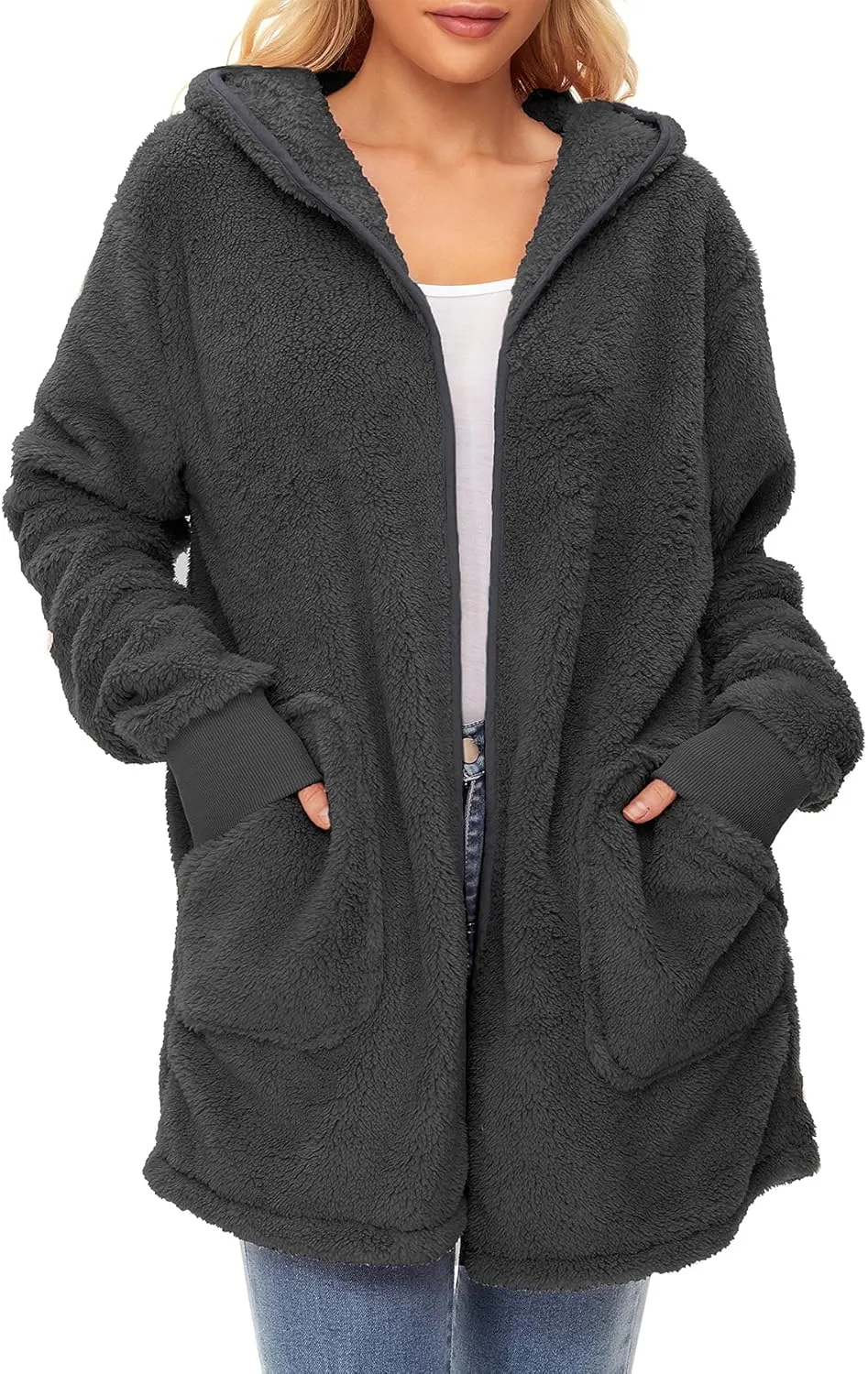 Zando Womens Fuzzy Hoodies for Women Open Front Fleece Hoodie Women Oversized Sweatshirts Loose Cute Hooded Pullover