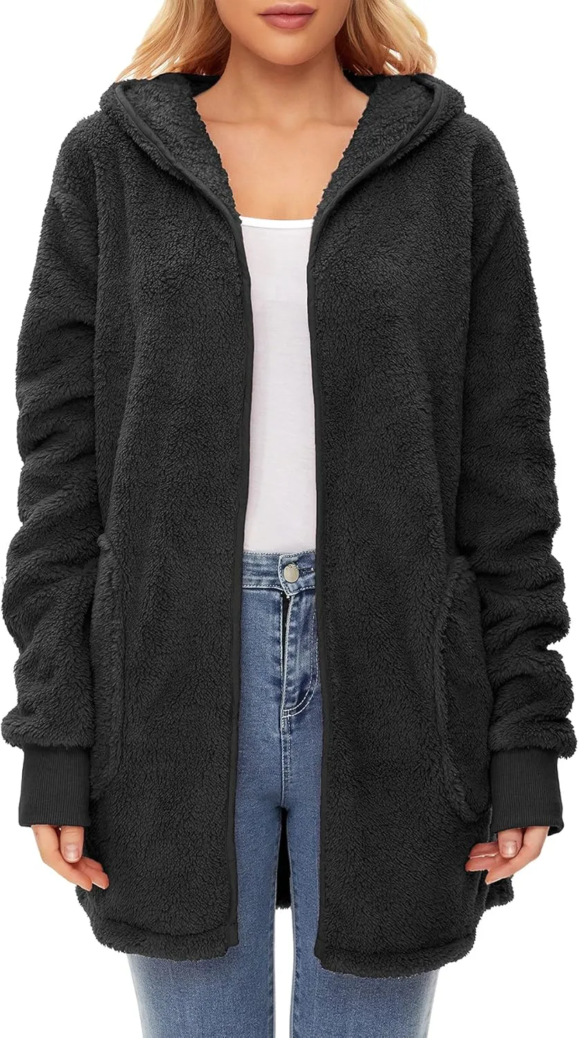 Zando Womens Fuzzy Hoodies for Women Open Front Fleece Hoodie Women Oversized Sweatshirts Loose Cute Hooded Pullover