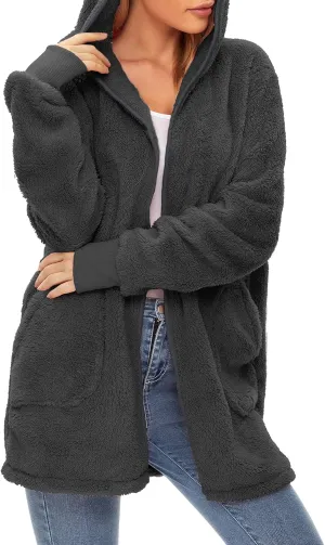 Zando Womens Fuzzy Hoodies for Women Open Front Fleece Hoodie Women Oversized Sweatshirts Loose Cute Hooded Pullover