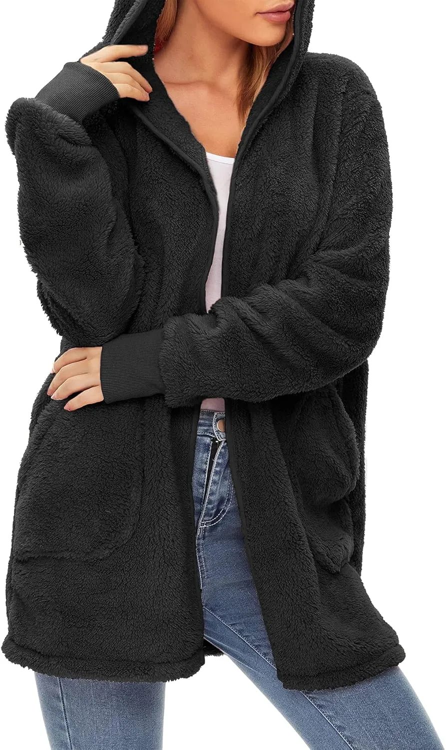 Zando Womens Fuzzy Hoodies for Women Open Front Fleece Hoodie Women Oversized Sweatshirts Loose Cute Hooded Pullover
