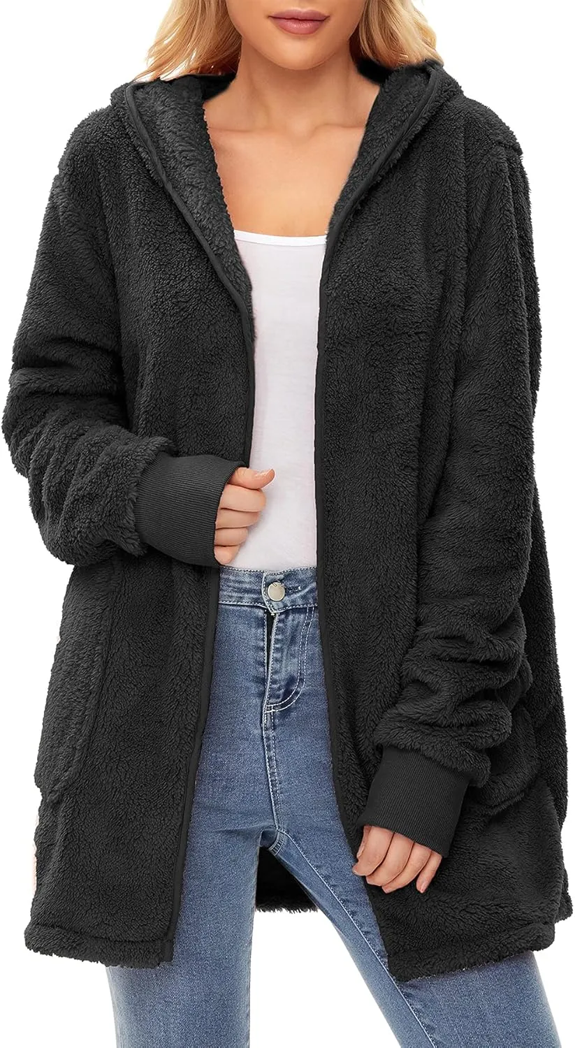 Zando Womens Fuzzy Hoodies for Women Open Front Fleece Hoodie Women Oversized Sweatshirts Loose Cute Hooded Pullover