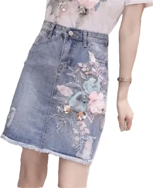 Zipper Midi Blue Jeans Skirts for Women Ripped Woman Denim Skirt