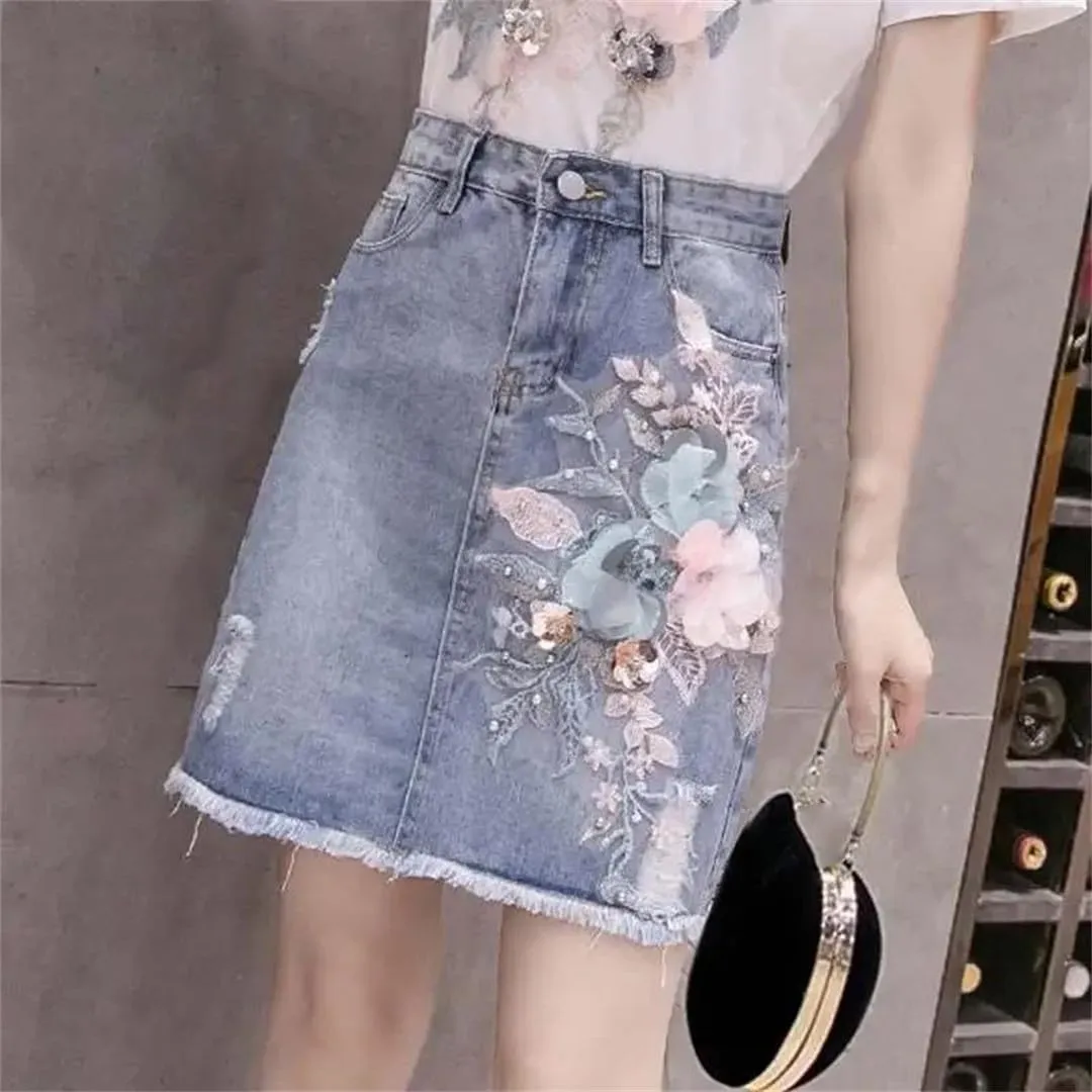 Zipper Midi Blue Jeans Skirts for Women Ripped Woman Denim Skirt