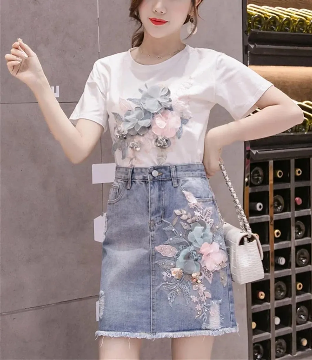 Zipper Midi Blue Jeans Skirts for Women Ripped Woman Denim Skirt