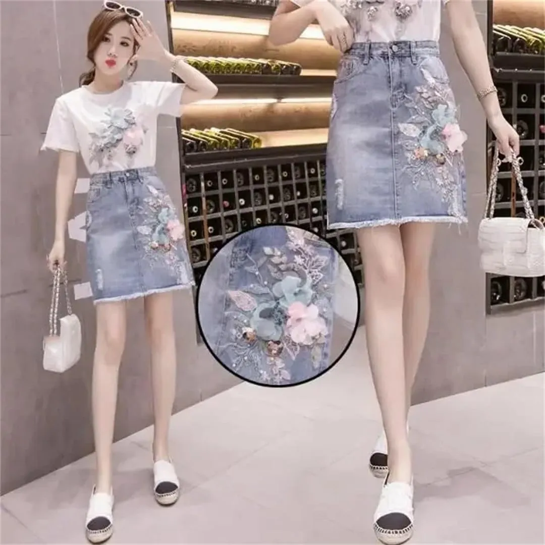 Zipper Midi Blue Jeans Skirts for Women Ripped Woman Denim Skirt