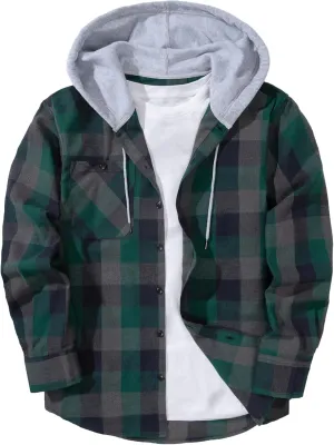ZITY Men's Flannel Hoodie Shirts Casual Button Down Plaid Shirt Jackets for Men Long Sleeve Stylish Hooded with Pocket