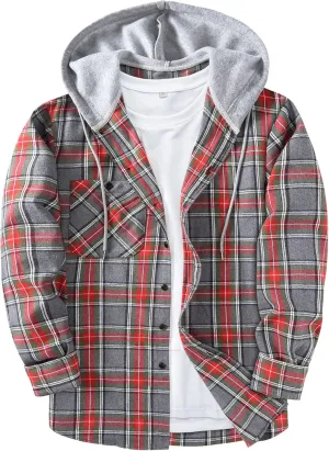 ZITY Men's Flannel Hoodie Shirts Casual Button Down Plaid Shirt Jackets for Men Long Sleeve Stylish Hooded with Pocket