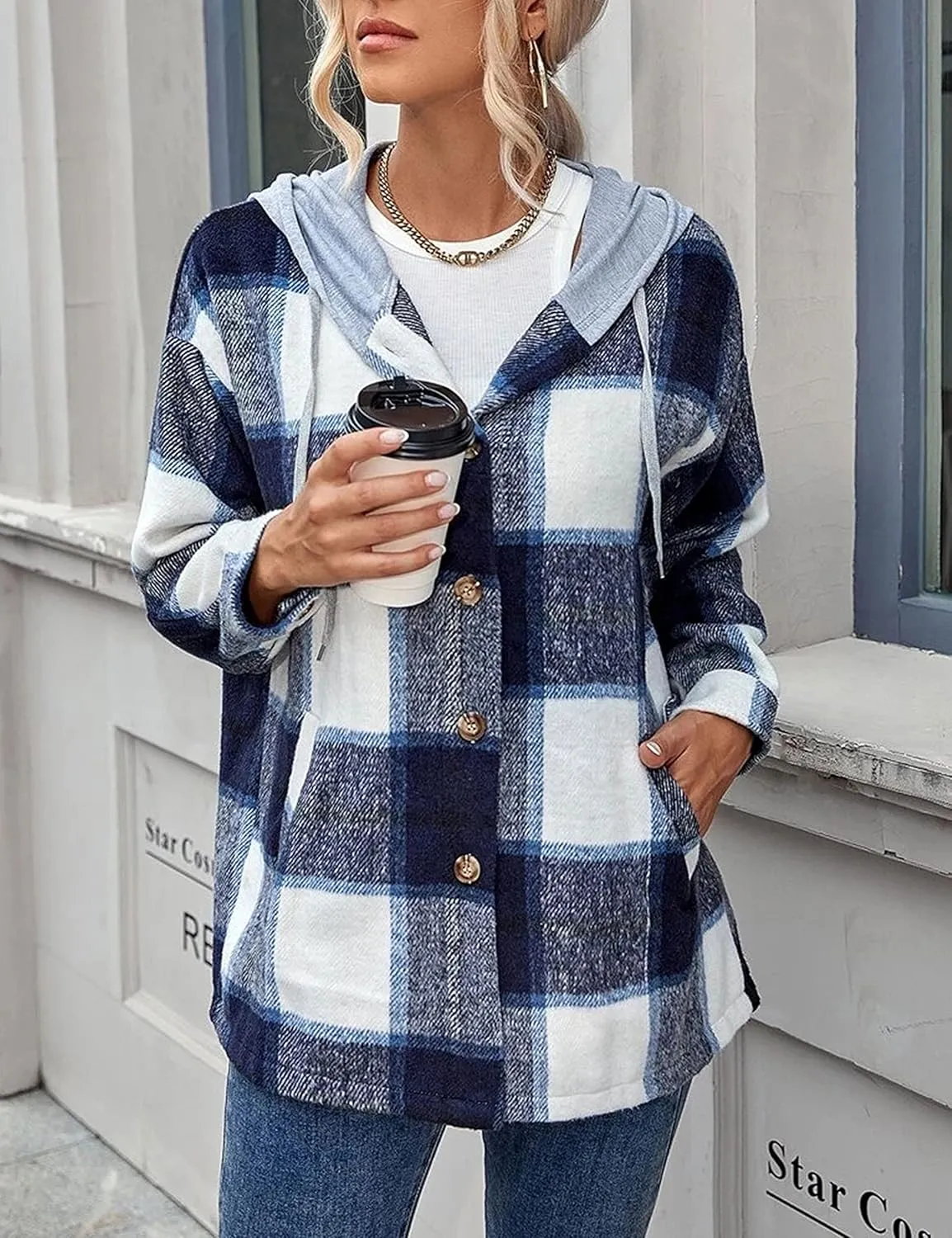 Zontroldy Womens Hooded Shacket Jacket Oversized Casual Flannel Plaid Wool Blend Button Down Shirt Coat Jackets