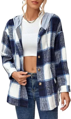 Zontroldy Womens Hooded Shacket Jacket Oversized Casual Flannel Plaid Wool Blend Button Down Shirt Coat Jackets