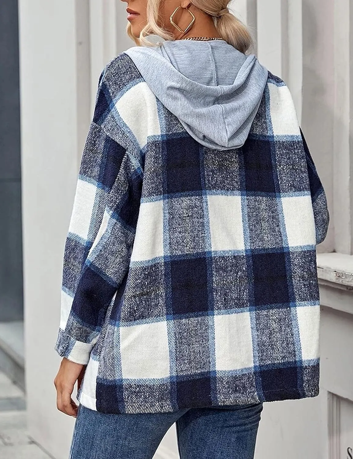 Zontroldy Womens Hooded Shacket Jacket Oversized Casual Flannel Plaid Wool Blend Button Down Shirt Coat Jackets