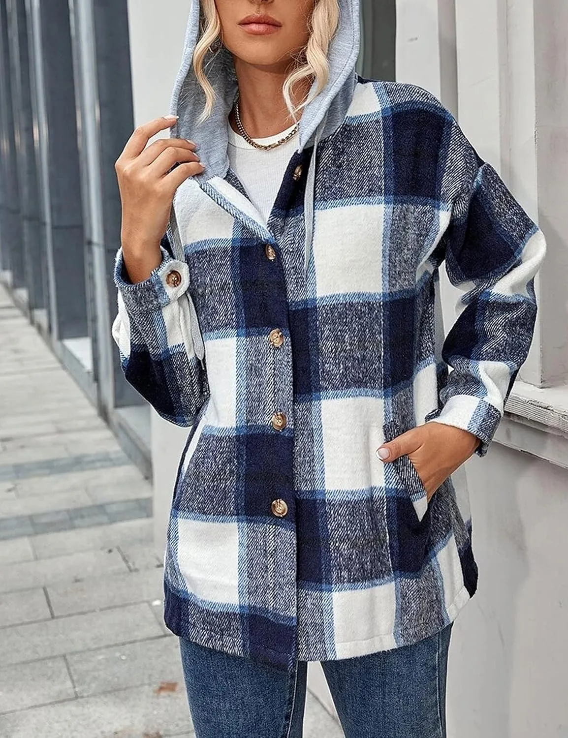 Zontroldy Womens Hooded Shacket Jacket Oversized Casual Flannel Plaid Wool Blend Button Down Shirt Coat Jackets